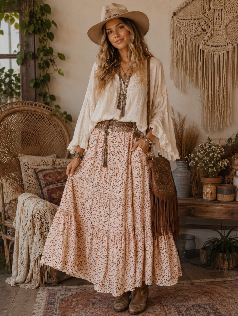 Hot Kiss Floral Maxi Skirt Bohemian Ditsy Print Western Cottage Core SZ: L